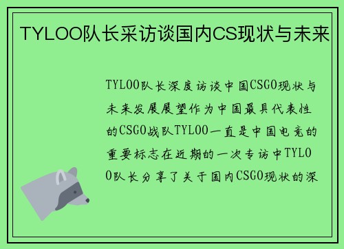 TYLOO队长采访谈国内CS现状与未来